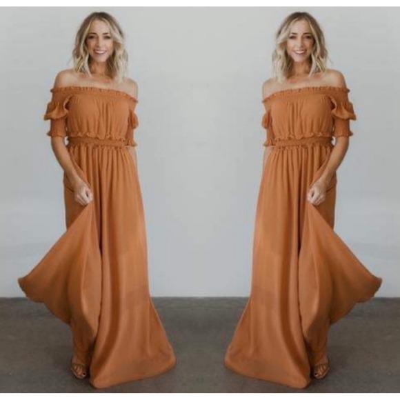 Baltic Born Womens Medium Maxi Dress Smocked Ruffle Off Shoulder Copper - Picture 1 of 8